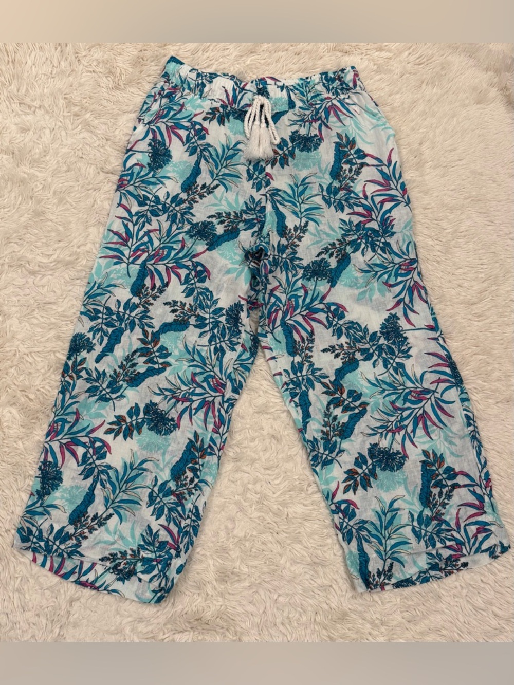 Cynthia Rowley‎ 100% Linen Wide Leg Pull-On Pants Large Tropical Floral Resort